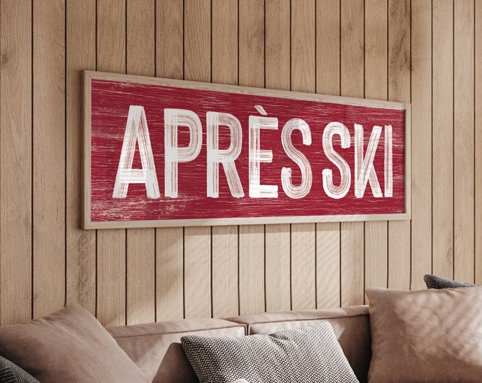 APRES SKI Sign in dark red and white, faux weathered wood, apres ski wall print, vintage farmhouse ski sign, long horizontal wall art