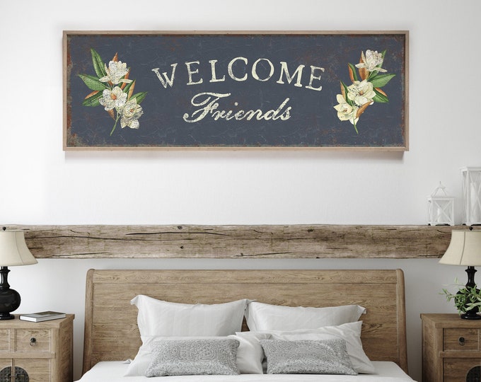 Hale Navy Welcome Friends Front Porch Sign • Vintage WELCOME FRIENDS Floral Wall Art • Modern Farmhouse Spring Decor, Antique Flower Sign