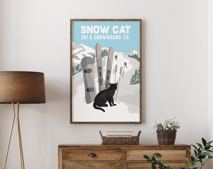 Vintage Style Black Cat Ski Canvas Sign SNOWCAT Ski and Snowboard Company, Retro Ski Print, Gift for Cat Lovers, Cute Cat Posters