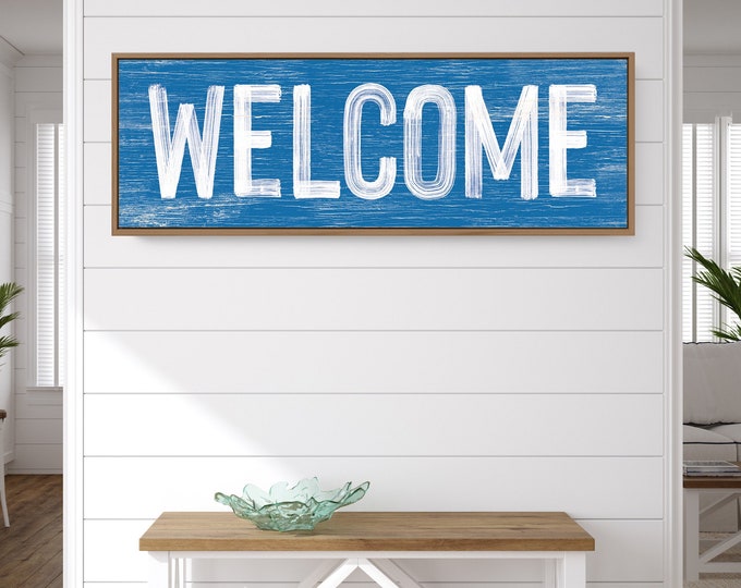 WELCOME Sign in Ocean Blue, Faux Weathered Wood, Modern Farmhouse Wall Art, Vintage Welcome Sign, Long Horizontal Wall Art
