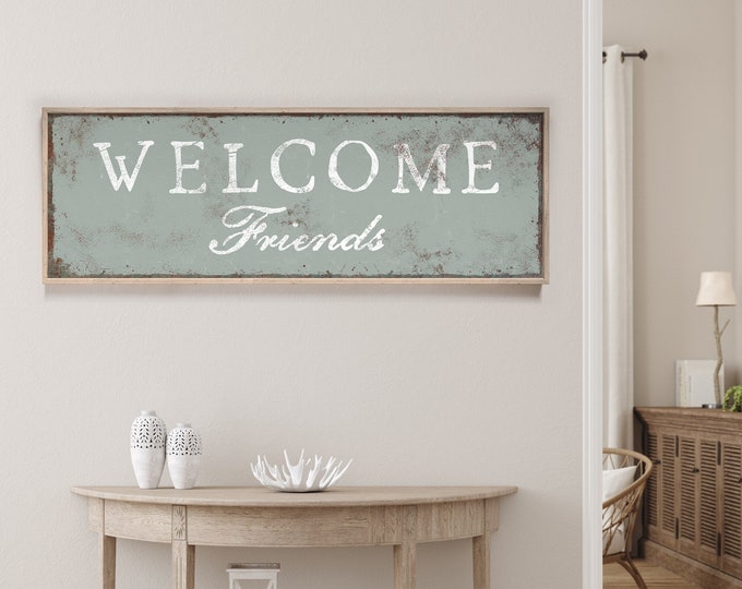 Sage Green WELCOME FRIENDS Sign for Above Couch or Entryway, Rustic Welcome Canvas Print, Wide and Large Vintage Metal Farmhouse Wall Art