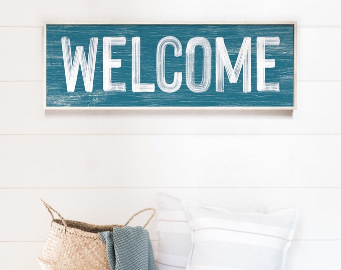 WELCOME Sign in London Blue, Faux Weathered Wood, Modern Farmhouse Wall Art, Vintage Welcome Sign, Long Horizontal Wall Art