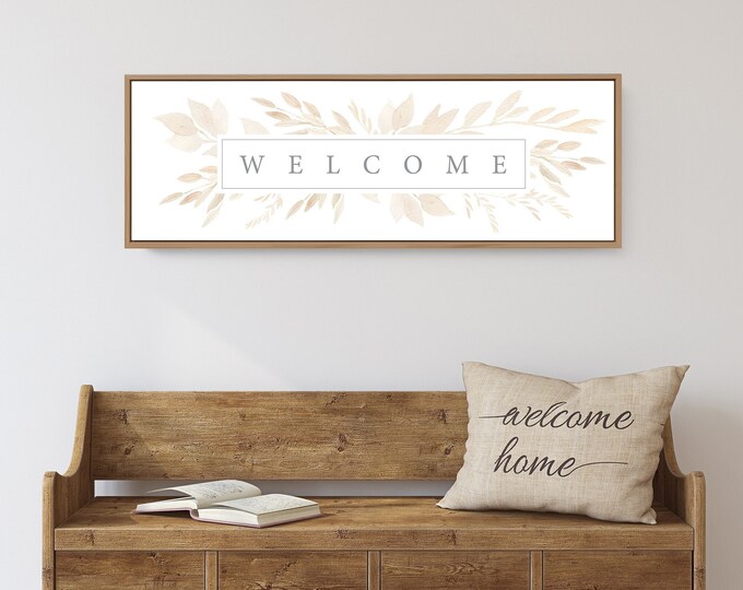 Floral Welcome Sign, Spring Wall Decor, Extra Large Canvas Wall Art Print for Spring Decor and Wall Art, Large Skinny Art for Above Bed