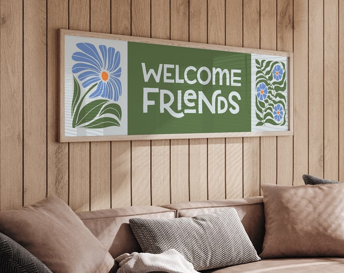 Boho Abstract Flower Wall Art • Retro Floral WELCOME FRIENDS Sign • Modern Spring Decor, Grass Green, Vibrant Blue Tones