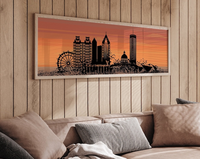ATLANTA SUNSET Skyline, City Skyline Prints, Modern Farmhouse Wall Art, Long Skinny Framed Canvas, Urban Living Decor, Panoramic Skylines