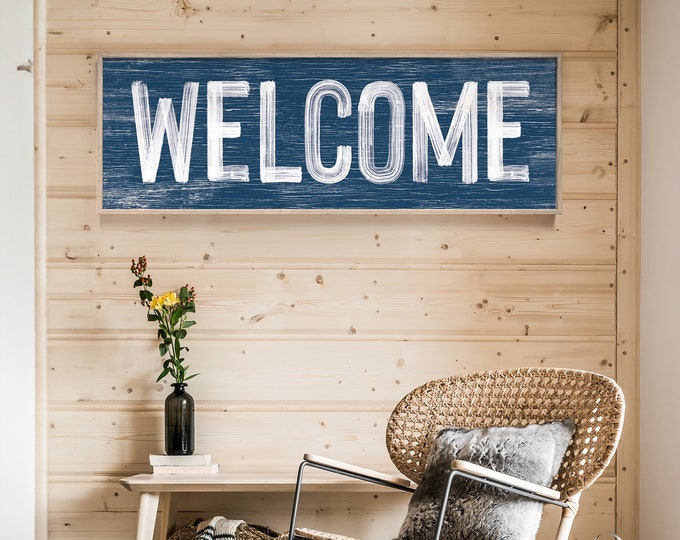 Nautical WELCOME Sign in Navy Blue, Faux Weathered Wood, Modern Farmhouse Wall Art, Vintage Welcome Sign, Long Horizontal Wall Art