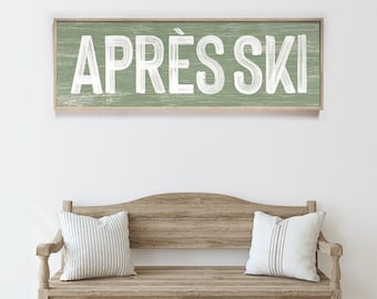 APRÈS SKI Firmar en verde pasto marino, madera desgastada sintética, arte de pared de albergue de esquí, impresión de pared apres ski, granja vintage, arte de pared horizontal largo