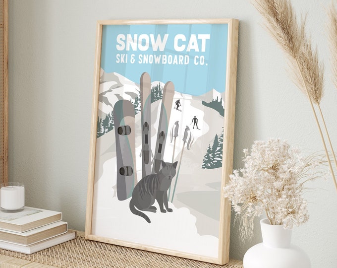 Vintage Style Cat Ski Poster with Gray Tabby, SNOWCAT Ski and Snowboard Company, Retro Ski Print, Gift for Cat Lovers, Vintage Cat Posters