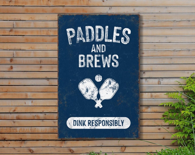 Vintage Pickleball Sign - Paddles and Brews Pickleball Poster - Retro Man Cave Decor for Game Room - Pickleball Wall Art - Dink Responsibly