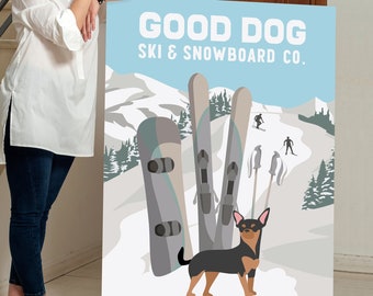 RETRO SKI and SNOWBOARD Poster with Chihuahua, Good Dog Ski and Snowboard Company, Gift for Dog Lovers, Vintage Ski Poster, Ski Cabin Decor