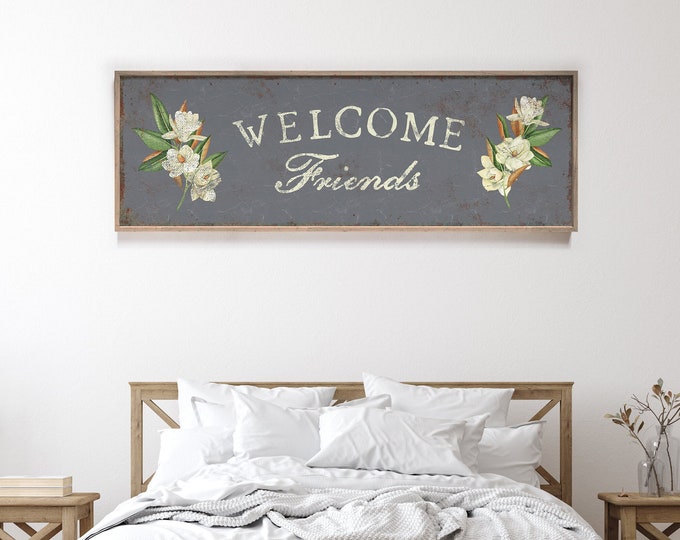 Slate Gray Welcome Friends Front Porch Sign • Vintage WELCOME FRIENDS Floral Wall Art • Modern Farmhouse Spring Decor, Antique Flower Sign