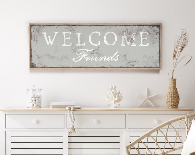 Stone Gray WELCOME FRIENDS Sign for Above Couch or Entryway • Rustic Welcome Canvas Print • Wide and Large Vintage Metal Farmhouse Wall Art