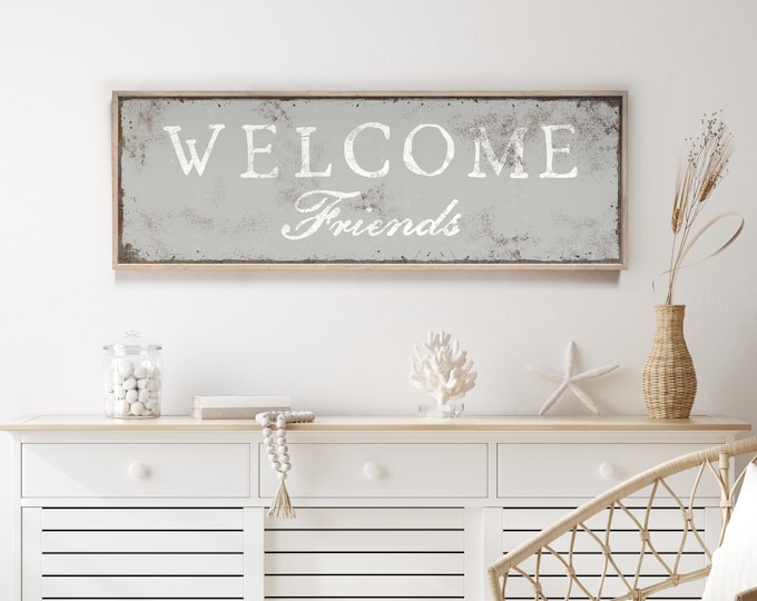 Stone Gray WELCOME FRIENDS Sign for Above Couch or Entryway • Rustic Welcome Canvas Print • Wide and Large Vintage Metal Farmhouse Wall Art