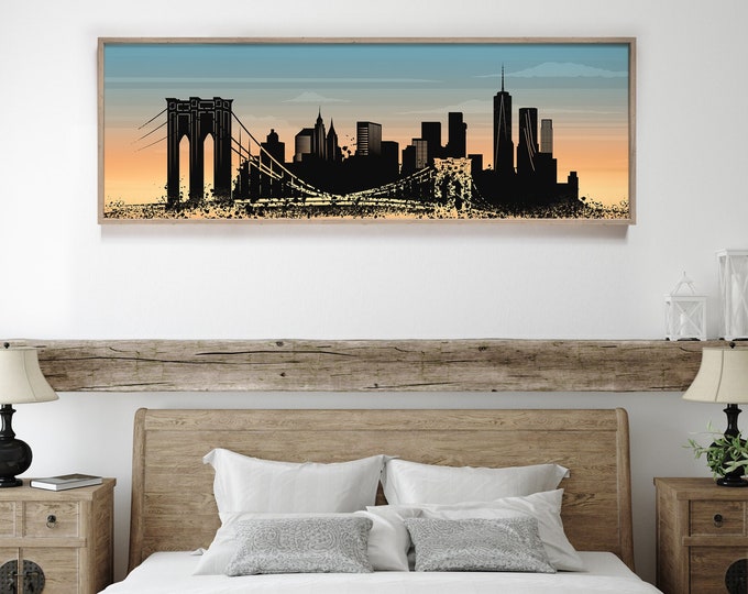 NEW YORK CITY Skyline with Empire State Building Sign, Modern Farmhouse Wall Art, Large Print, Long Skinny Framed Canvas, Urban Living Decor
