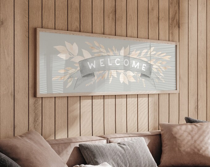 Long Skinny Welcome Sign, Greige Botanical Wall Decor, Extra Large Canvas Wall Art for Spring Decor and Wall Art, Flowery Welcome Prints