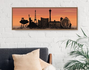 LAS VEGAS SUNSET Skyline, City Skyline Prints, Modern Farmhouse Wall Art, Long Skinny Framed Canvas, Urban Living Decor, Iconic Skylines