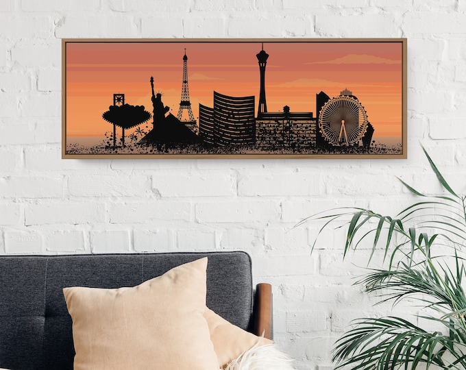 LAS VEGAS SUNSET Skyline, City Skyline Prints, Modern Farmhouse Wall Art, Long Skinny Framed Canvas, Urban Living Decor, Iconic Skylines