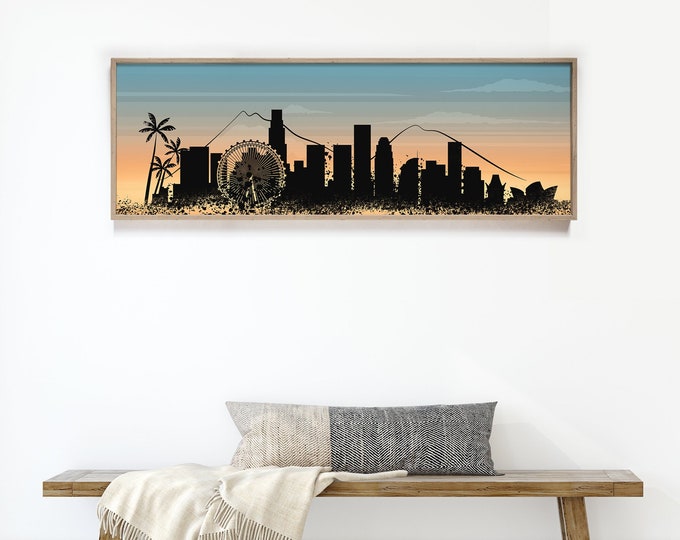 retro LOS ANGELES City Skyline Sign, Iconic Skyline Prints, Modern Farmhouse Art, Long Skinny Framed Canvas, Urban Living Decor