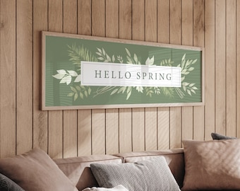 Hello Spring Canvas Sign with Greenery, Vibrant Green Oversized Sign for Above Couch or Bed • Botanical Wall Art Print for Modern Home Decor