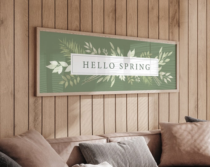 Hello Spring Canvas Sign with Greenery, Vibrant Green Oversized Sign for Above Couch or Bed • Botanical Wall Art Print for Modern Home Decor