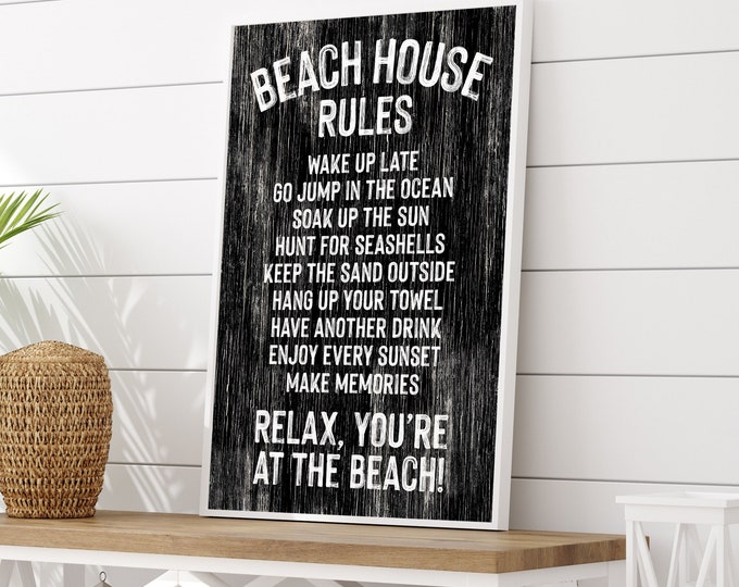 BEACH HOUSE RULES sign in black and white, vintage beach house decor, distressed beach house gift, vacation rental decor, faux wood wall art