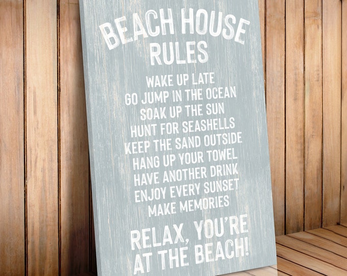BEACH HOUSE RULES sign in smoke gray, vintage beach house decor, retro beach print, vacation rental decor, outdoor patio beach wall art