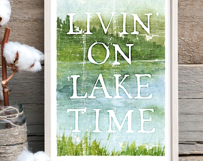 LIVING on LAKE TIME > Watercolor Print, Lake House decor, coastal wall art, faux vintage wood canvas print, modern farmhouse decor