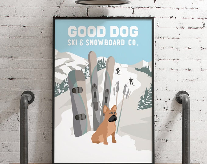 vintage SKI POSTER, retro looking Good Dog Ski and Snowboard Company with Frenchie Bulldog, vintage ski decor, unique gift for dog lovers