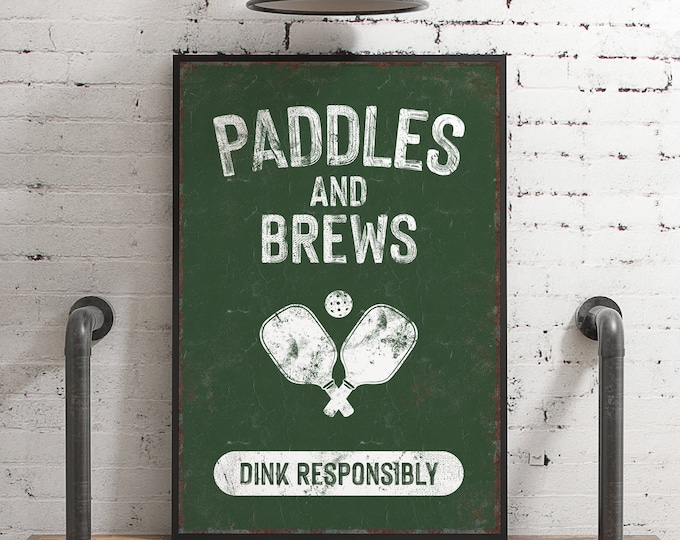 Pickleball Wall Decor - Paddles and Brews Vintage Sign - Retro Man Cave Decor for Game Room - Pickleball Wall Art - Dink Responsibly