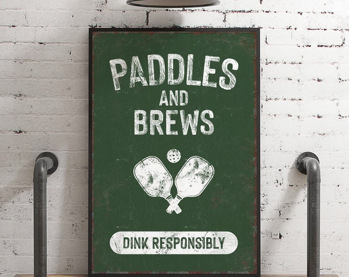 Pickleball Wall Decor - Paddles and Brews Vintage Sign - Retro Man Cave Decor for Game Room - Pickleball Wall Art - Dink Responsibly