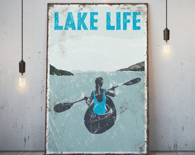 vintage "LAKE LIFE" sign with Blue Accent, KAYAK poster for vintage lake house decor, female Kayaker, modern farmhouse, Kayaking Canvas Art