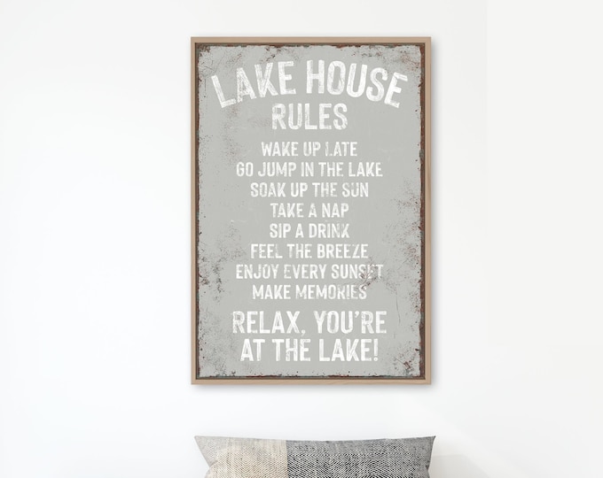 vintage "LAKE HOUSE RULES" sign > Stone Gray sign art print, coastal lakehouse decor, distressed lake house gift, vacation rental decor