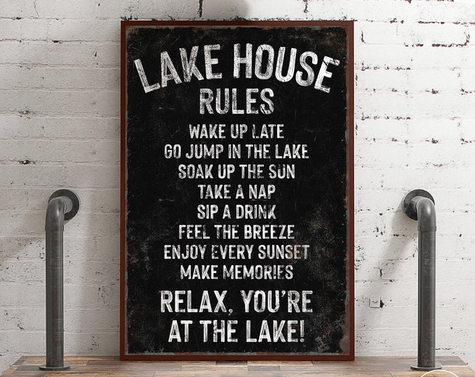 vintage "LAKE HOUSE RULES" sign > Black and White sign art print, coastal lakehouse decor, distressed lake house gift, vacation rental decor
