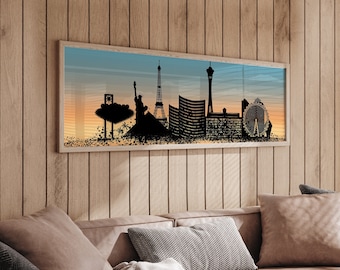 retro LAS VEGAS Skyline Sign, City Skyline Prints, Modern Farmhouse Wall Art, Long Skinny Framed Canvas, Urban Living Decor, Iconic Skylines