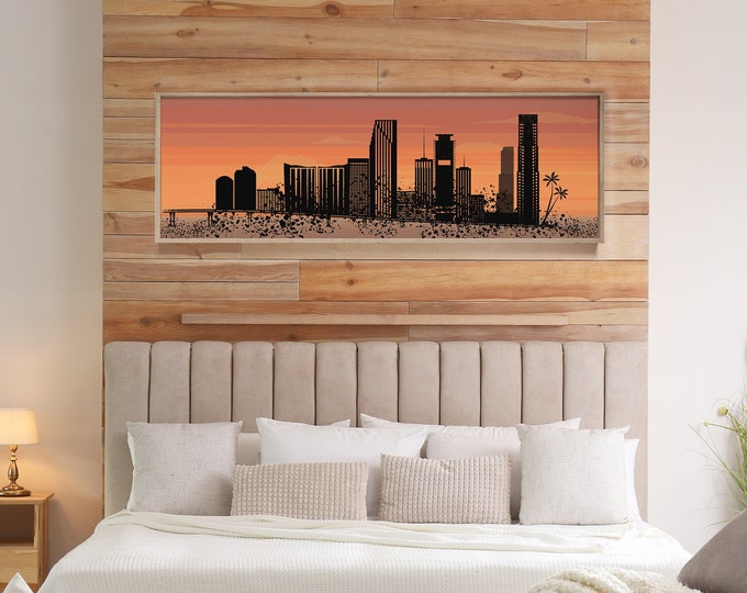 retro MIAMI SKYLINE Poster, Miami Skyline Sign at Sunset, Modern Farmhouse Wall Art, Long Skinny Framed Canvas, Large Urban Living Decor