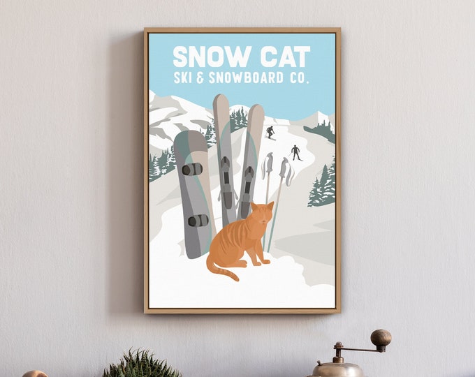 SNOWCAT, Ski and Snowboard Co. Vintage Style Cat Ski Poster, Retro Ski Print, Unique Gift for Cat Lovers, Fun Cat Decor, Vintage Cat Posters