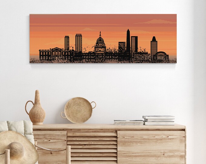 WASHINGTON DC Skyline Poster, D.C. Skyline Sign at Dusk, Modern Farmhouse Wall Decor, Long Skinny Framed Canvas, Urban Living Wall Art