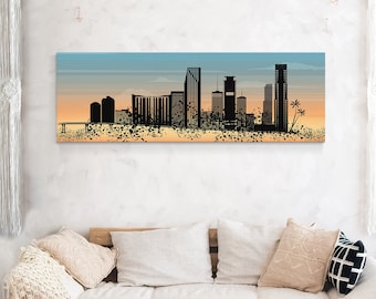 Retro Miami City Skyline at Sunrise Canvas - Modern Farmhouse Wall Art for Urban Living - Long Skinny Framed - Miami Skyline