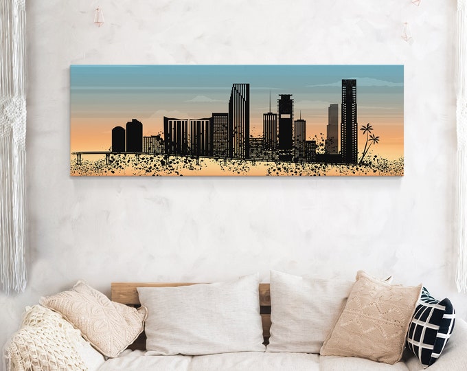Retro Miami City Skyline at Sunrise Canvas - Modern Farmhouse Wall Art for Urban Living - Long Skinny Framed - Miami Skyline