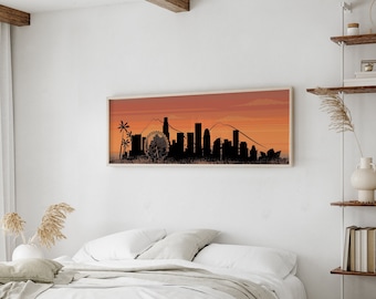 LOS ANGELES Skyline Sign, Iconic Skyline Prints, Modern Farmhouse Art, Long Skinny Framed Skyline Canvas, Urban Living Decor, LA Sunset svg