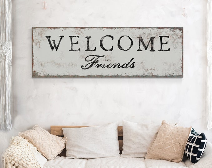 Long Horizontal Welcome Porch Sign • Stone Gray WELCOME FRIENDS Print • Extra Large Canvas Wall Art Print • Rustic Metal Lake House Decor,