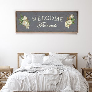 Slate Gray Welcome Friends Front Porch Sign • Vintage WELCOME FRIENDS Floral Wall Art • Modern Farmhouse Spring Decor, Antique Flower Sign