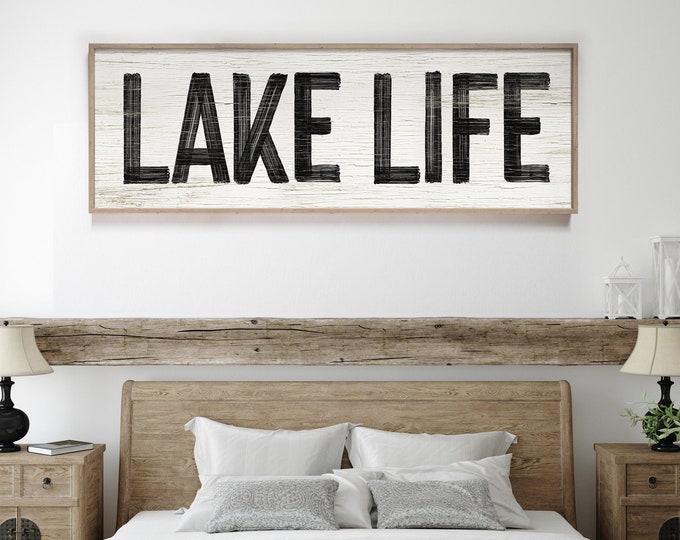 Vintage Lake Life Wall Print - White and Black Faux Weathered Wood - Lake House Farmhouse Decor - Skinny Wall Art {pwo}