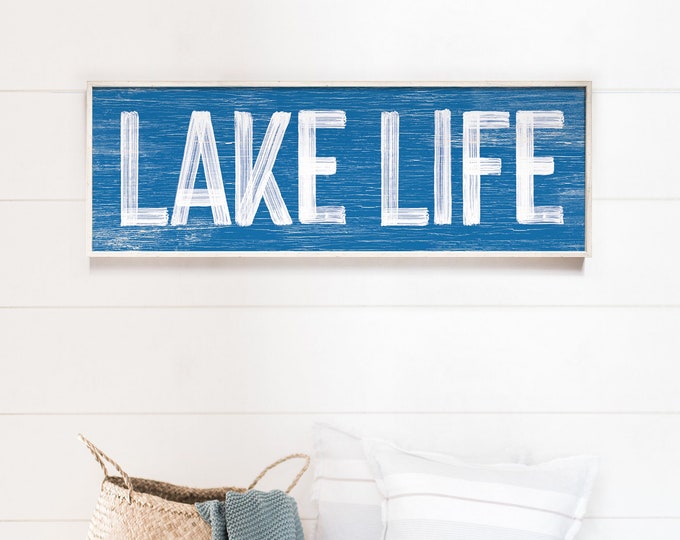 LAKE LIFE Sign in Ocean Blue, Faux Weathered Wood, Lake House Wall Art, Vintage Farmhouse Lake Sign, Long Horizontal Wall Art, {pwo}