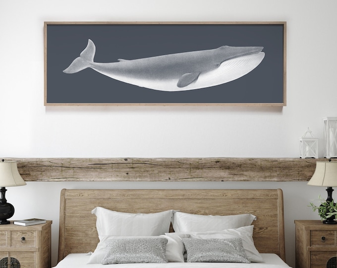 long skinny framed whale poster, vintage whale signs, nautical canvas prints, beach wall decor, vacation rental wall art and decor, sea art