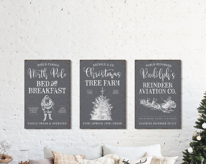 Vintage Christmas Triptych Wall Signs, Slate Gray, Christmas Tree Farm, North Pole Bed & Breakfast, Santa's Sleigh, Christmas Wall Decor
