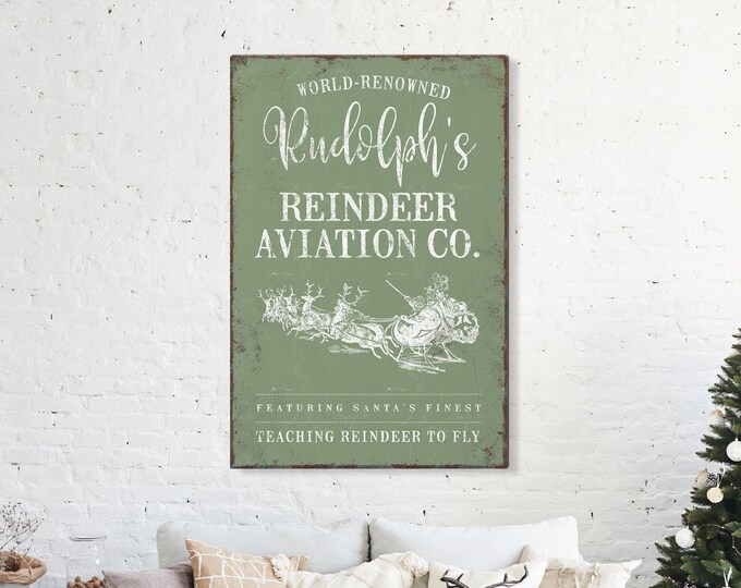 Vintage Reindeer Santa Sleigh Sign in Seagrass Green, Rudolph the Red Nosed Reindeer, Gifts for Christmas Lovers, Christmas Farmhouse Decor