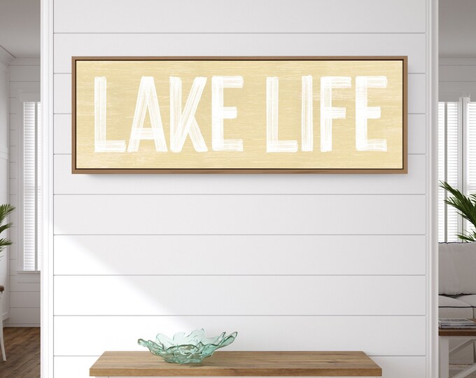 Vintage Yellow Sand Lake Life Wall Print on Faux Weathered Wood - Lake House Farmhouse Sign - Long Skinny Wall Art {pwo}
