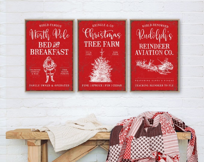 Vintage Christmas Triptych Wall Art, Christmas Tree Farm in Red, North Pole Bed and Breakfast, Sleigh and Reindeer, Christmas Mantle Decor