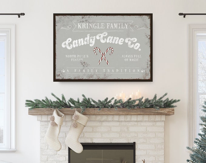 Kringle Family CANDY CANE Co Sign in Light Gray, Christmas Decor, Modern Farmhouse Decor, Christmas Holiday Wall Decor, Seasonal Wall Art